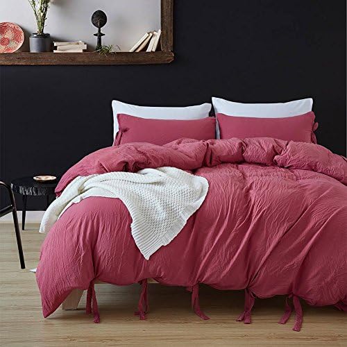DuShow 3pc Red Solid Color Washed Cotton Duvet Cover Set Hotel Quality Simple Soft Solid Color Bedding Set with 1 Duvet Cover 2 Pillow Shams Bedding Set Single