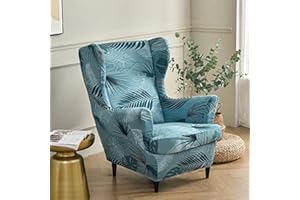 Highdi Funda de Sillón de Orejas Elástica para Strandmon, Funda de Sofá Relax 2 Piezas con Funda de Cojín, Fundas Protector de Butaca para Dormitorio, Recepción, Club (Hojas de Lago Azul)