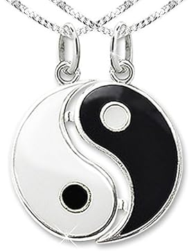 CLEVER SCHMUCK-SET 2 Silberne Partneranhänger zusammen (teilbar) Yin Yang schwarz weiß lackiert glänzend mit 2...