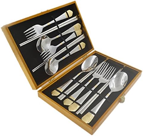 Household 12 Sets Wooden Box Cutlery 304 Stainless Steel Fork Spoon Chopsticks Adult,Yellow