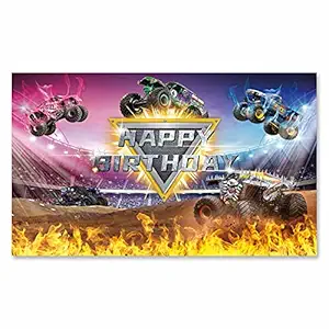 TURKIO Monster Truck Themed Birthday Party Backdrop Racing Cars Racing Arena Burning Flame Photography Background for Baby Boy Cake Table Decorations Banner Photo Booth Props Supplies 5?x3'