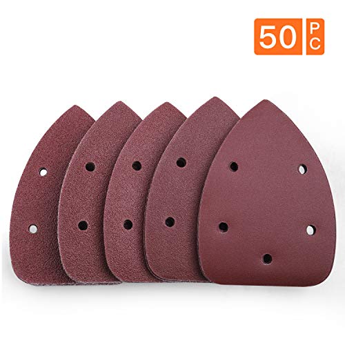 Papeles de Lija, Tacklife 50PCS Lijas de 40, 60, 80, 100, 240 Granos, para Lijadora Eléctrica de 140x 140x 100mm, Papeles Abrasivos con 5 Agujeros, Seco y Cambio Rápido con Velcro Durable, ASD2A