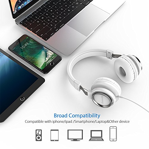 Chououkiu Cuffie Auricolari Stereo Cablato Leggero Regolabile Cuffie Portatili a Fascia con Microfono per iPhone iPad Smartphones Tablet PC Portatile per Bambini o Adulti (Bianco)