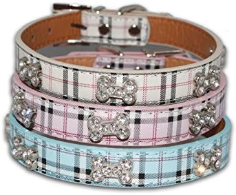 DoggystylesDog Collar Puppy Coller Tartan Plaid Diamante Bone Small Medium PU Leather Terrier Scottish UK (Small 29cm-35cm W=1.5cm, Blue)