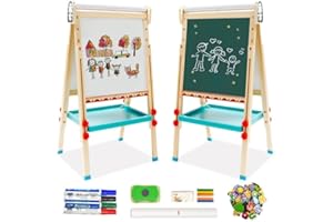 NUKDEY Kids Easel with Paper Roll Double-Sided Whiteboard Chalkboard Wooden Art Easel Height Adjustable Standing Easel 68-114 cm with Numbers and Other Accessories Drawing Board for Toddlers (Penguin)
