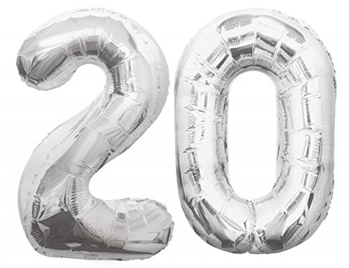 Folien Ballon Zahl 20 in Silber - XXL Riesenzahl 86 cm zum 20. Geburtstag in Silber