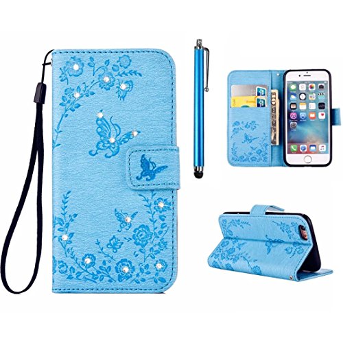 MUTOUREN Samsung Galaxy S5 Solide Grau Drucken(Schmetterling Blumen) Bookstyle PU Ledercase Tasche Hüllen Brieftasche Schutzhülle Scratch Magnetverschluss Telefon-Kasten Kratzfeste Anti-scratch Handyhülle Standfunktion Handycover Blau + 1x Kapazitive Feder