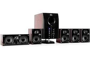 auna Areal 525 - Home Cinema 5.1 inalambrico, Sistema de Sonido Envolvente 5.1, 125 W RMS, Subwoofer Activo Mono 5,25", Bass Reflex, 5 Altavoces satélite, AUX, Apagado automático, Marrón