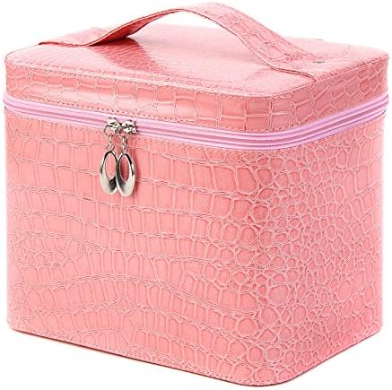 Ealine Portable Travel Cosmetic Bags Double Layer Travel Makeup Case Double Zipper Cosmetic Makeup Bag Organizer Storage Bags Beauty Box Brush Holder with Inner Mirror (Pink)