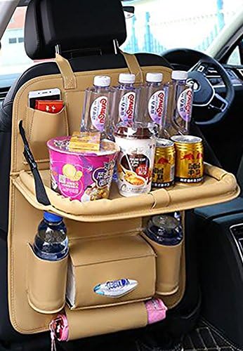 LIYUU Car Back Seat Organiser Holder Foldable Car Dining Table With Tablet Ipad Kick Mat Protector Storage Tray Table PU Leather (2 Pcs)