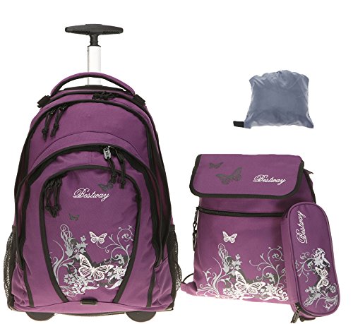 Preisvergleich Produktbild 3er SET: Trolley BESTWAY ROLLIN Rucksacktrolley Schultrolley Schulrucksack + SPORTBEUTEL + MÄPPCHEN / LILA BUTTERFLY
