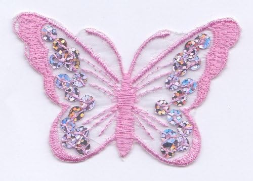 Shiny Butterfly Iron on Sew on Embroidered Badge Applique Motif Patch (Pink 7.7x5.2cm)
