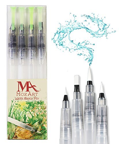 Wasserpinsel – Set mit 4 Pinselspitzen – Perfekt für Wasserfarben, Aquarellstifte, Pinselstifte, Marker – Mischt Farben mit Wasser – Praktischer Wassertankpinsel – MozArt Supplies