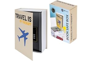 Fisura – Caja de seguridad en forma de libro “travel is my therapy”. Caja fuerte libro original con cerradura de combinación. Caja de dinero oculto. 18 x 11,5 cm