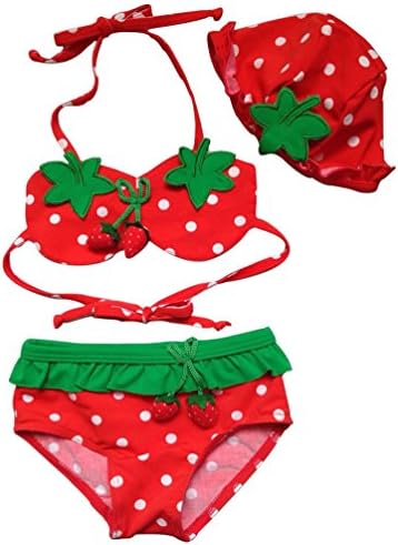 Strawberry Cartoon 3 Piece Baby Girl Bikini Swimwear (2T, Green &amp; Red)