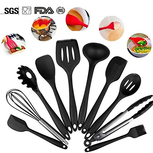 Cloud 10 Stück Silikon Küchenhelfer Set, Silicone Kitchen Utensils – Zangen Schneebesen , Pinsel, Spachtel, Schaumlöffel , Löffel Nudeln, Reis Paddel, Kelle, Suppenlöffel – Hitzebeständige Kochen Utensil(Schwarz) - 2