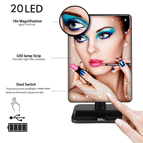 Kosmetikspiegel, YaFex Make up Spiegel mit 20 LED Beleuchtung Schminkspiegel Dimmbar durch Touch-Schalter, 360º Drehbare Standspiegel Batteriebetrieben Schwarz (4 AA-Batterien Inklusiv) - 3