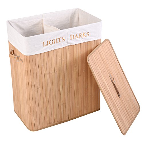 Wäschekorb Wäschekörbe Wäschebox Wäschetruhe Wäschesammler Bambus mit Leinen Kleidersack Wäschetone Wäschewagen 100L (Natur) - 3
