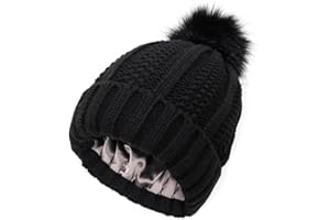 TOEECY Bonnet Femme Hiver Chaud Bonnet Tricoté avec Pompon en Fausse Fourrure Épais Souple Tricot Chapeau Satin Doublé Protéger la Coiffure Mode Slouchy Bobble Beanie