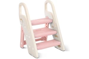 Onasti Foldable Step Stool for Kids, 2 Steps - 3 Steps Height Adjustable Toddler Step Stool, Toilet Steps for Potty Training, Learning Tower with Handle for Bathroom, Bedroom, Kitchen (Pink)