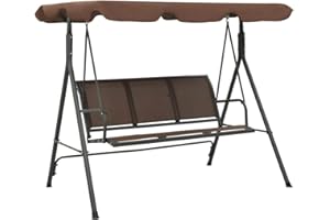 vidaXL Garden Swing Bench with Canopy in Coffee Color - Outdoor Powder-Coated Steel Frame 3-Seater Swing - Weather and Waterproof Textilene Seat and Backrest