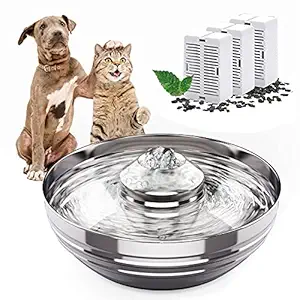 Clawsable Pet Water Fountain, Cat Water Fountain Stainless Steel, Cat Automatic Water Dispenser, 360?Dog Water Fountain with 3 Replacement Filters for Dogs Cats Birds Small Animals 68 Oz / 2L