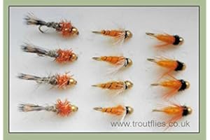 Troutflies UK Goldhead Nymphs Gold Head Nymphe Fishing Fliegen, 12 Stück, orange, DREI Sorten, gemischt 10/12/14