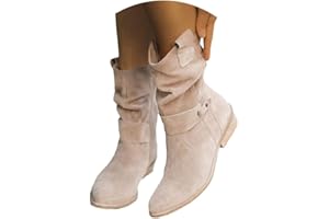 tinbarry Stivaletti da Donna Stivaletti in Pelle Scamosciata con Zip Pieghe Stivali Invernali Stivaletti Bassi Stivaletti Retrò Eleganti con Zip Stivaletti Tinta Unita Scarpe