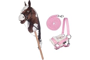 HKM Kids Hobby Horse, Schecke Braun-Weiß, mit Halfter und Führstrick in Rosa, Steckenpferd für Kinder, Pferde Spielzeug