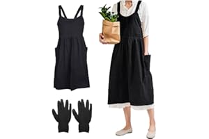 HAOMEEDUO Grembiule da Donna Grembiule in Cotone Nero Grembiule con Tasche per Giardinaggio Grembiule Regolabile Grembiule Vintage con1 Paio Guanti per Orto, Cucina, Bar, Caffetteria