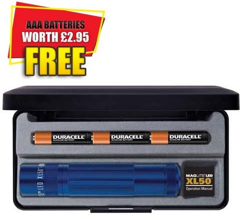 Elite Choice Maglite XL50 LED Torch Blue in Gift Box 139 Lumens Size 3 x AAA Batteries with BRANDED AAA Batteries [Pack of 4] Worth Â£2.95 [Top Spec] - Min 3yr Warranty