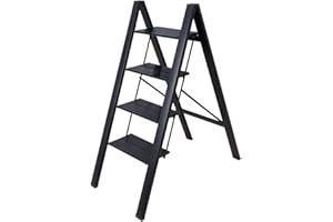BAOYOUNI Marchepied 4 Marches Pliable Échelle Domestique Léger et Portable Antidérapant Escabeau en Aluminium Charge Maximale 135 kg Nultifonction pour Maison, Bureau, Cuisine, Noir