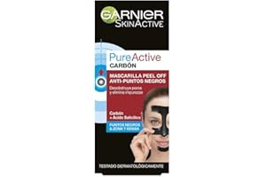 GARNIER Skin Active PureActive - Mascarilla Negra Peel Off con Carbón y Ácido Salicílico Anti Puntos Negros, Espinillas y Poros de la Nariz, 50 ml