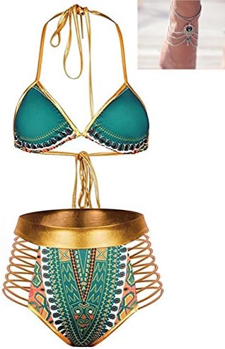 NAYOOTON BLZ Women Women Bikini Swimsuit Two Piece Beachwear Cutout Tribal Print Halter Neck Bathing Suit Swimwear S-3XL + a Free Gift