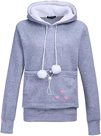 Wangyue Women's Cute Kangaroo Pocket Hoodie Long Sleeve Pullover Sweatshirt (S, New Grey)