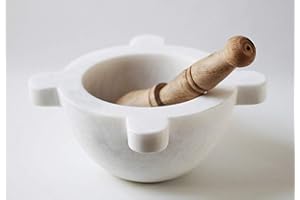 CBAM Mortier en marbre blanc Carrara avec pilon Vitage Wood 14cm Mortier en marbre blanc pour cuisine Mortier de cuisine avec pilon en bois Fait à la main Classiques Vieille maison Design intérieur