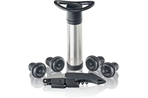 Qpractiko - Coffret Cadeau Pratique | Pompe à Vide en Acier Inoxydable | 4 Bouchons à Vin en Silicone | Tire-Bouchon Deux Temps en Téflon | Bec Verseur Anti-Goutte, Argent, Acier Inoxydable