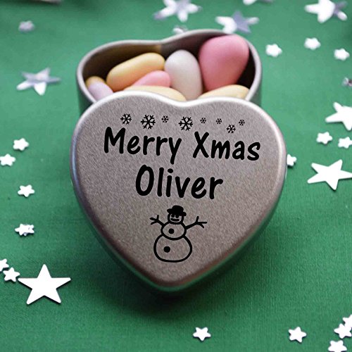 Gift In Can Merry Xmas Oliver Heart Shaped Mini Tin Gift filled with mini coloured chocolates perfect christmas card alternative for Oliver Fun Festive Snowman Design