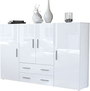 Vladon Highboard Sideboard Nora, Korpus in Weiß matt/Front in Weiß