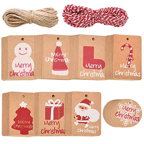Aboat 160 pezzi di Natale etichette regalo di carta kraft con 40 m di spago string, 8 design per festa di Natale nozze Holiday party supplies