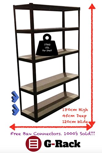 180 cm x 120 cm x 45 cm, schwarz 5 Etagen (175kg Pro Regal), 875 KG Kapazität Extra Breit Garage Aufbewahrung Regal, 5 Jahre Garantie