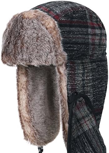 ililily Multi Pattern Mask Aviator Trapper Trooper Faux Fur Ear Flaps Winter Hat, Red