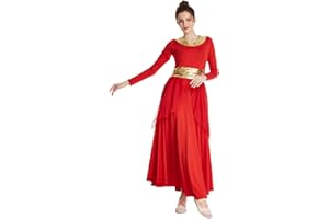 REXREII Women Praise Dance Robe Metallic Waistband Long Sleeve Liturgical Worship Dress Chiffon Skirt Lyrical Costume