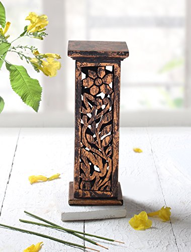 Store Indya, Hand geschnitzte holzerne Raucherstabchenhalter Turm u. Kegel Brenner mit herausgeschnittenen Arbeits Haus Dekor Zusatzen (10x10x30, Braun)