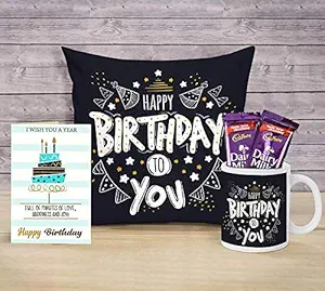 TIED RIBBONS Birthday Gifts Combo for Boyfriend Girlfriend Girls Boys Friend (Coffee Mug, Cushion Cover with Filler (12 X 12 Inch), Greeting Card and Chocolates)