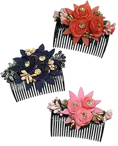 Krenoz Multicolor Acrylic Comb Cloth Flower Hair Clip/Side Comb/ Flower Design Jooda Hairpin Comb Flower Jooda Pin Comb Accessories For Women And Girls Pack of 3 (KrnzCmb-St84)