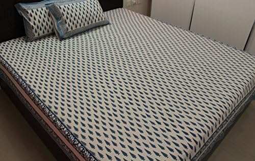Indian Cotton Hand Block Printed Bed Sheets Pillowcases Set White Gray King Queen Full Natural Dyed Ethnic Bedspreads Bedding 88 x 105 Inches