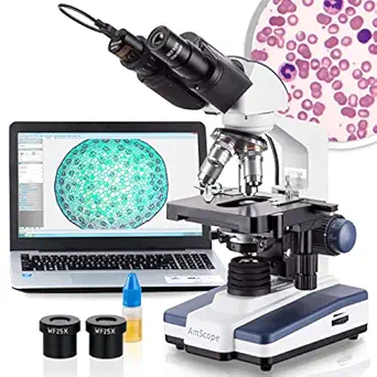 AmScope B120C-E1 Siedentopf Binocular Compound Microscope, 40X-2500X Magnification, LED Illumination, Abbe Condenser, Two-Layer Mechanical Stage, 1.3MP Camera and Software Windows XP/Vista/7/8/10