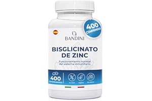 Bandini® Bisglicinato de Zinc 400 Comprimidos (13 Meses), Alta Dosis, Zinc Puro para Pelo, Piel, Uñas, Vista y Renforzar Sistema Inmunológico, Alta Absorción, Antioxidante Vegano, Sin Gluten y Keto