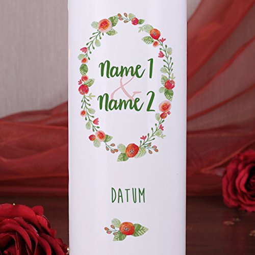 geschenke-online Hochzeitskerze mit Beschriftung der Namen des Paares und Datum mit Blütenkranz - 3